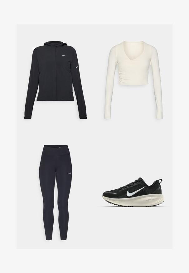 Veste à capuche noire avec des manches longues, fabriquée en matériau léger. Elle comporte une fermeture éclair à l'avant, un logo Nike et des accents de design subtils.; Crop top à manches longues de couleur crème avec un col en V et un détail froncé sur le côté, fabriqué en tissu extensible pour un look ajusté.; Leggings noirs avec une taille haute, en tissu extensible, présentant un petit logo blanc sur la cuisse et une texture lisse.; Baskets de course noir Nike avec tige respirante en mesh, logo swoosh blanc, détails texturés et semelle intermédiaire ZoomX de couleur crème.