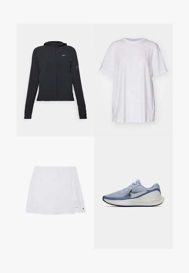 Must musta kapuutsiga jakk, millel on pikad varrukad ja mis on valmistatud kergetest materjalidest. Omab esitaskut, Nike logo ja kergelt silmatorkavaid disainiaktsente.; Valge suuruses T-särk, mis on valmistatud puuvillast, millel on ümmargune kaelus, lühikesed varrukad ja külgmised lõhenemised mugava istuvuse tagamiseks. Sile tekstuur.; Valge sportlik seelik, millel on külgauk, sile kangastekstuuri ja väike must logo aktsent servas.; Heledadsinine ja valge Nike jooksutoss, millel on hõbedane swoosh, hingav võrkmaterjal, pehmendatud tallad ja must välispind.