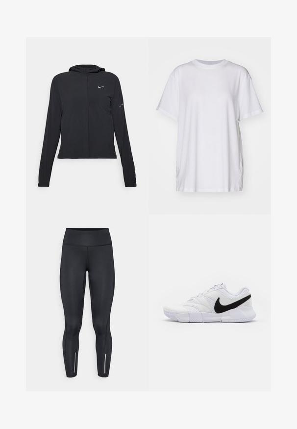 Must musta kapuutsiga jakk, millel on pikad varrukad ja mis on valmistatud kergetest materjalidest. Omab esitaskut, Nike logo ja kergelt silmatorkavaid disainiaktsente.; Valge suuruses T-särk, mis on valmistatud puuvillast, millel on ümmargune kaelus, lühikesed varrukad ja külgmised lõhenemised mugava istuvuse tagamiseks. Sile tekstuur.; Mustad venivat materjali retuusid kõrge vöökohaga, mille lähedal pahkluude juures on helkivad detailid ja siledapinnaline tekstuur.; Valge sportlik king, millel on tekstuuriga nahast ülemine osa, must swoosh-logo ja pehmendusega krae. Omab kummist tallat, mis tagab hea haarde.