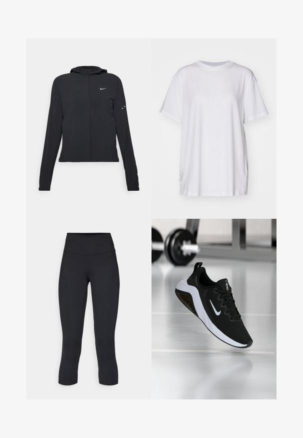 Crna jakna s kapuljačom i dugim rukavima, izrađena od laganog materijala. Ima prednji patentni zatvarač, Nike logo i suptilne dizajnerske detalje.; Bjela oversized majica od pamuka, s krojem oko vrata, kratkim rukavima i bočnim prorezima za opušteni izgled. Glatka tekstura.; Crne skraćene tajice od rastezljivog materijala, s visokim strukom i glatkom teksturom, bez vidljivih uzoraka ili dodataka.; Crne atletske tenisice s gornjim dijelom od mrežice, bijelim potplatima i Nike logotipom. Imaju zaobljeni vrh i teksturirane detalje. Lebde iznad podloge teretane.