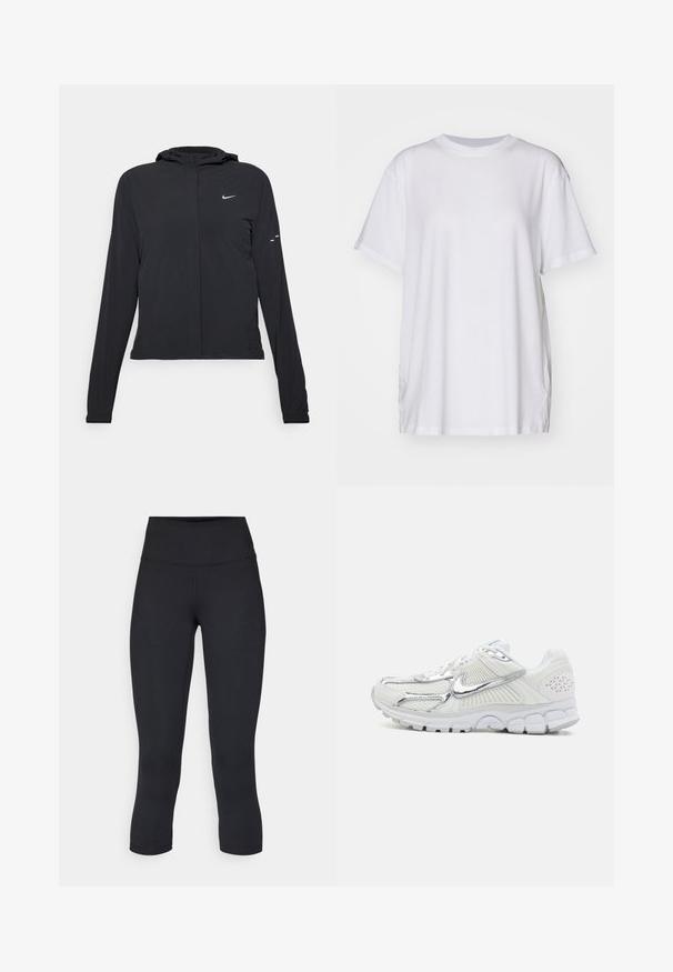 Casaco preto com capuz e mangas longas, feito de material leve. Apresenta um fecho dourado na frente, um logótipo da Nike e detalhes de design subtis.; Camiseta oversized branca feita de algodão, com decote redondo, mangas curtas e rachas laterais para um ajuste descontraído. Textura suave.; Leggings pretos cropped feitos de tecido elástico, apresentando uma cintura alta e uma textura suave, sem padrões ou acessórios visíveis.; Ténis brancos de desporto com detalhes em prata, parte superior em malha, lados texturizados, sola almofadada e um padrão distinto na parte de trás.