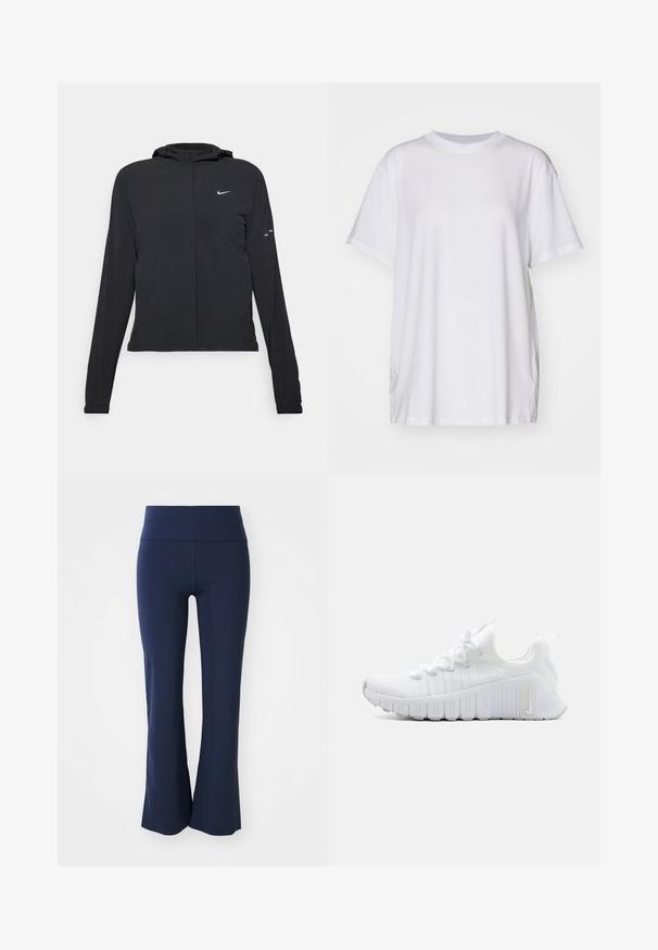 Giacca nera con cappuccio e maniche lunghe, realizzata in materiale leggero. Presenta una zip frontale, il logo Nike e accenti di design sottili.; T-shirt bianco oversize in cotone, con colletto a girocollo, maniche corte e spacchi laterali per una vestibilità rilassata. Texture liscia.; Pantaloni a zampa d'elefante blu navy realizzati in tessuto elastico con una vita ampia. Superficie liscia senza motivi visibili o dettagli metallici.; Scarpa sportiva bianca con tomaia testurizzata, chiusura a lacci piatti e suola in gomma prominente con scanalature verticali. Presenta un logo sul lato.