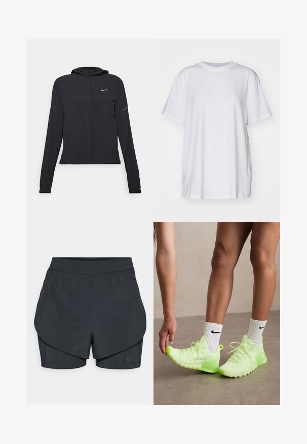 Svart huva jacka med långa ärmar, gjord av lätt material. Har en framdragare, en Nike-logotyp och subtila designelement.; Vitt oversized t-shirt i bomull med rund halsringning, korta ärmar och sidoflikar för en avslappnad passform. Slät textur.; Svarta träningsshorts med ett lagerdesign, med ett slätt yttre lager och en åtsittande inre short. Tillverkade av lätt, elastisk tyg.; Neon gröna sportskor med strukturerad sula, snörningsdesign och en vit Nike-logotyp på sidan. Bärs med vita strumpor med svarta detaljer.