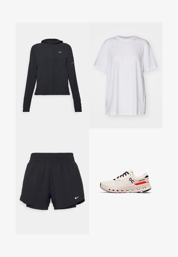 Mustassa hupparissa on pitkät hihat, ja se on valmistettu kevyestä materiaalista. Siinä on edessä vetoketju, Nike-logo ja hillityt muotoiluyksityiskohdat.; Valkoinen ylisuuri t-paita, joka on valmistettu puuvillasta. Paitassa on pyöreä kaula-aukko, lyhyet hihat ja sivuhalkiot, jotka tarjoavat rentoa istuvuutta. Silkkinen rakenne.; Mustat urheilushortsit, joissa on kootut joustovyötärö, vuori ja valkoinen Nike-logo vasemmassa alakulmassa. Suoraviivainen, kevyt kangas.; On CLOUDRUNNER 2 - Katujuoksukengät - undyed sand