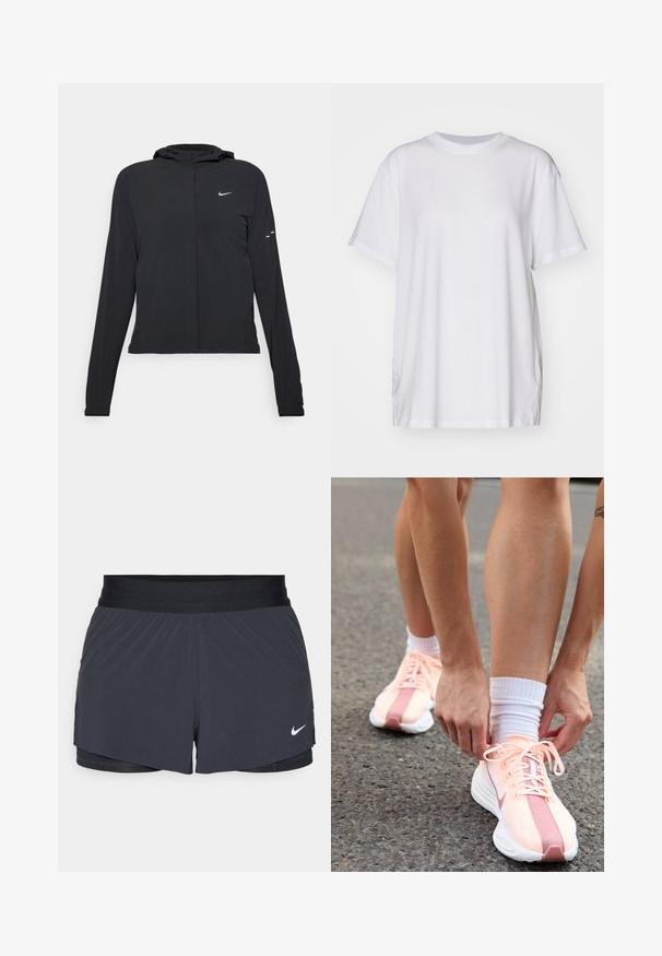 Chaqueta negra con capucha y mangas largas, hecha de un material ligero. Presenta un cierre frontal, un logo de Nike y acentos de diseño sutiles.; Camiseta blanca de gran tamaño hecha de algodón, con cuello redondo, mangas cortas y aberturas laterales para un ajuste relajado. Textura suave.; Shorts deportivos negros con cintura elástica, que presentan un diseño en capas y un pequeño logo blanco de Nike en la parte inferior izquierda. Material ligero.; Nike Performance PEGASUS PLUS - Zapatillas running asfalto - crimson tint/white/pure platinum/red stardust/vast grey