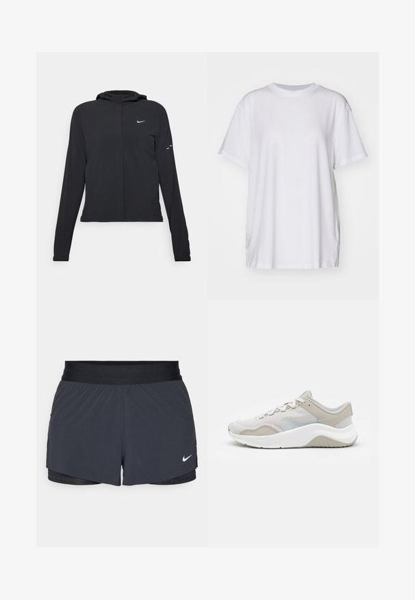 Crna jakna s kapuljačom i dugim rukavima, izrađena od laganog materijala. Ima prednji patentni zatvarač, Nike logo i suptilne dizajnerske detalje.; Bjela oversized majica od pamuka, s krojem oko vrata, kratkim rukavima i bočnim prorezima za opušteni izgled. Glatka tekstura.; Crne atletske kratke hlače s elastičnom stražnjicom, imaju slojeviti dizajn i mali bijeli Nike logo na donjoj lijevoj strani. Lagani materijal.; Svijetlosivi atletski tenisice s mrežastim gornjištem, glatkim antilop detaljima, bijelim gumeni potplat i suptilnim reflektirajućim logotipom. Pojednostavljen dizajn.