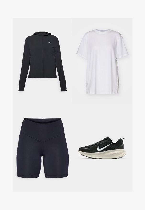 Črna kapuča s dolgimi rokavi, izdelana iz lahkega materiala. Ima sprednji zadrgo, logotip Nike in subtilne oblikovne detajle.; Bela prevelika majica iz bombaža, s krojem okruglog izreza, kratkimi rukavi in stranskimi razporki za sproščen fit. Gladka tekstura.; Temno modri visoki šortsi, izdelani iz raztegljive tkanine. Imajo gladko teksturo, prilegajoč dizajn in stranske žepe za funkcionalnost.; Črne Nike tekaške čevlje z zračno mrežno zgornjim delom, belim logotipom Swoosh, teksturiranimi detajli in smetanasto barvnim srednjim delom ZoomX.