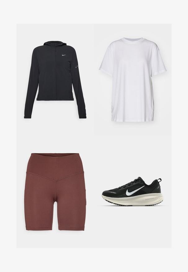 Černá kapucňová bunda s dlouhými rukávy, vyrobená z lehkého materiálu. Obsahuje přední zip, logo Nike a decentní designové akcenty.; Bílé oversized tričko vyrobené z bavlny, s kulatým výstřihem, krátkými rukávy a bočními rozparky pro uvolněný střih. Hladká textura.; Tmavě hnědé, vysoké cyklistické šortky vyrobené z elastického materiálu, s hladkou strukturou a přiléhavým střihem, které mají boční kapsy.; Černá běžecká obuv Nike s prodyšným síťovaným svrškem, bílým logem swoosh, texturovanými detaily a krémovou mezipodešví ZoomX.