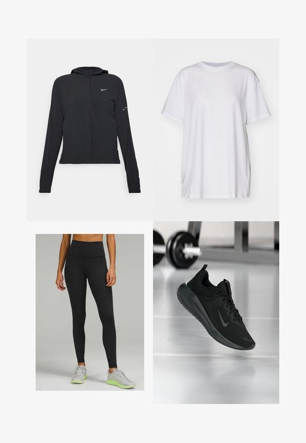 Čierna kapucňová bunda s dlhou rukávou, vyrobená z ľahkého materiálu. Má predný zips, logo Nike a jemné dizajnové akcenty.; Biele oversized tričko vyrobené z bavlny, s okrúhlym výstrihom, krátkymi rukávmi a bočnými rozparkami pre voľný strih. Hladká textúra.; Čierne legíny s vysokým pásom vyrobené z elastického materiálu, s hladkým povrchom a priliehavým strihom. Nosia sa s svetlošedými športovými topánkami.; Čierne športové tenisky s logom Nike, zobrazené vo vzduchu na podlahe telocvične, s rozmazaným regálom činkami v pozadí.