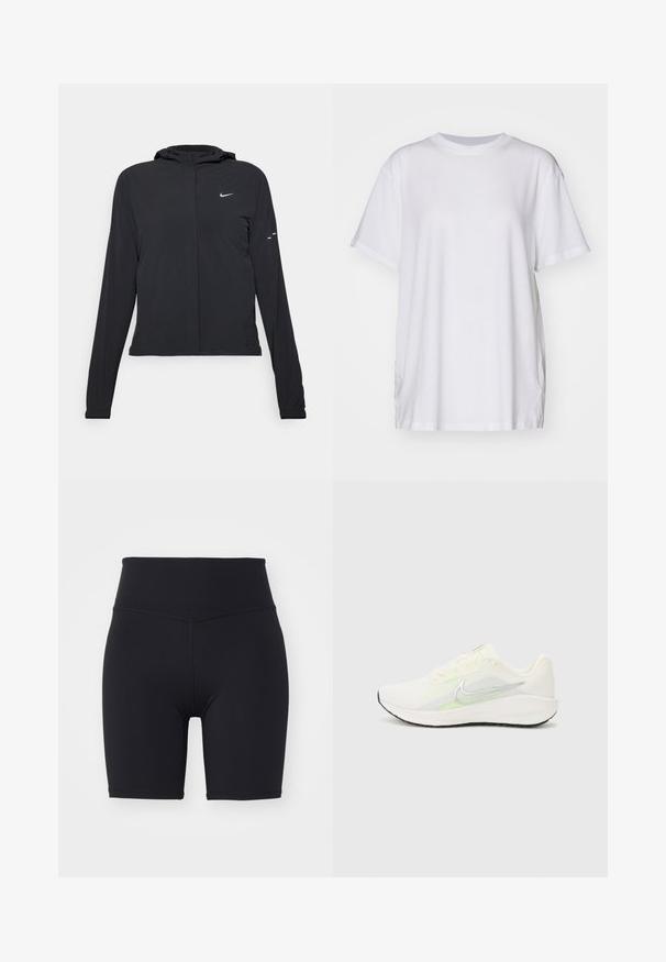 Giacca nera con cappuccio e maniche lunghe, realizzata in materiale leggero. Presenta una zip frontale, il logo Nike e accenti di design sottili.; T-shirt bianco oversize in cotone, con colletto a girocollo, maniche corte e spacchi laterali per una vestibilità rilassata. Texture liscia.; Shorts da ciclismo neri a vita alta realizzati in materiale elastico, con cuciture piatte e lunghezza a metà coscia. Senza motivi né dettagli.; Nike Performance DOWNSHIFTER 13 - Scarpe da corsa su strada - sail/silver-coloured photon dust/summit white/barely volt/black