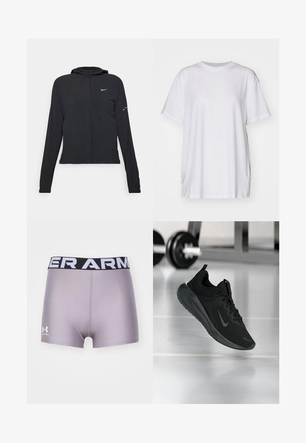 Schwarze Kapuzenjacke mit langen Ärmeln, aus leichtem Material gefertigt. Sie hat einen vorderen Reißverschluss, ein Nike-Logo und dezente Designelemente.; Weißes, übergroßes T-Shirt aus Baumwolle mit Rundhalsausschnitt, kurzen Ärmeln und seitlichen Schlitzen für eine entspannte Passform. Glatte Textur.; Grau Sportshorts mit einem schwarz-weißen "UNDER ARMOUR"-Bund. Hergestellt aus glattem Stoff, mit kurzem Schnitt und Logo an der Seite.; Schwarzer Sportsneaker mit Nike-Logo, mid-air über dem Boden des Fitnessstudios, mit unscharfem Hantelregal im Hintergrund.
