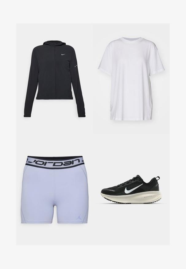 Sort hættetrøje med lange ærmer, lavet af letvægtsmateriale. Har en frontlynlås, et Nike-logo og subtile designaccenter.; Hvid oversized t-shirt lavet af bomuld, med rund halsudskæring, korte ærmer og sideslids for en afslappet pasform. Glat tekstur.; Lys lilla atletiske shorts med en sort Jordan-logo i taljen. Lavet af glat, strækbart materiale, med forstærkede syninger langs sømmene.; Sort Nike løbesko med åndbart mesh-overdel, hvidt swoosh-logo, tekstureret detaljering og en cremede ZoomX mellemsål.