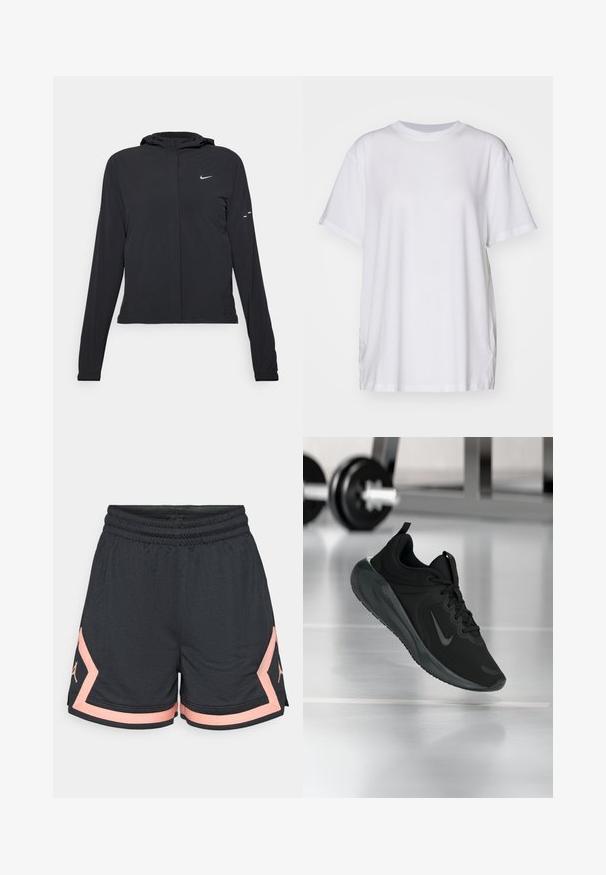 Must musta kapuutsiga jakk, millel on pikad varrukad ja mis on valmistatud kergetest materjalidest. Omab esitaskut, Nike logo ja kergelt silmatorkavaid disainiaktsente.; Valge suuruses T-särk, mis on valmistatud puuvillast, millel on ümmargune kaelus, lühikesed varrukad ja külgmised lõhenemised mugava istuvuse tagamiseks. Sile tekstuur.; Mustakateeritud spordilühikesed püksid, millel on tekstuuriga kangas, elastne vöökoht ja roosa aktsent. Küljel on logo, mis sobib roosas värvitoonis.; Mustad mustang spordijalatsid Nike logo'ga, õhus spordisaali põrandal, häguste hantlite riiulitega taustal.