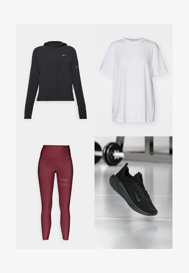 Veste à capuche noire avec des manches longues, fabriquée en matériau léger. Elle comporte une fermeture éclair à l'avant, un logo Nike et des accents de design subtils.; T-shirt blanc oversize en coton, avec un col rond, des manches courtes et des fentes sur les côtés pour un ajustement décontracté. Texture lisse.; Leggings bourgogne taille haute en full length, fabriqués dans un matériau lisse et extensible, avec des rayures en maille horizontales sur les côtés.; Baskets de sport noires avec le logo Nike, montrées en l'air au-dessus d'un sol de gym, avec un rack de haltères flou en arrière-plan.