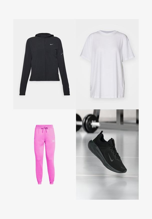 Sort hættetrøje med lange ærmer, lavet af letvægtsmateriale. Har en frontlynlås, et Nike-logo og subtile designaccenter.; Hvid oversized t-shirt lavet af bomuld, med rund halsudskæring, korte ærmer og sideslids for en afslappet pasform. Glat tekstur.; Lyserøde fleece-joggers med elastisk talje og snøre. Har sidelommer og et hvidt Under Armour-logo på venstre lår.; Sort sportsko med Nike-logo, vist midt i luften på et gymgulv, med en sløret vægtstang i baggrunden.