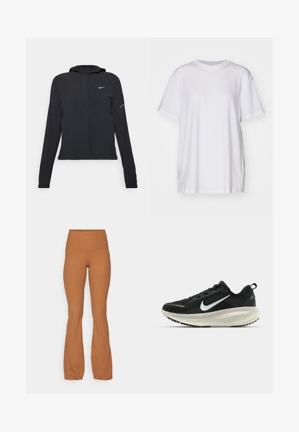 Fekete kapucnis dzseki hosszú ujjakkal, könnyű anyagból készült. Elülső cipzárral, Nike logóval és diszkrét dizájn elemekkel rendelkezik.; Fehér, nagyméretű pamut póló, kerek nyakkivágással, rövid ujjakkal és oldalsó hasítékokkal a laza illeszkedés érdekében. Simma textúra.; Barna bordás, harangszárú leggings, magas derékú; rugalmas anyagból készült; az elején egy kis logó található.; Fekete Nike futócipő légáteresztő hálós felsőrésszel, fehér Swoosh logóval, textúrázott részletekkel és krém színű ZoomX középtalppal.