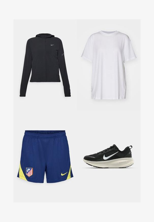 Sort hættetrøje med lange ærmer, lavet af letvægtsmateriale. Har en frontlynlås, et Nike-logo og subtile designaccenter.; Hvid oversized t-shirt lavet af bomuld, med rund halsudskæring, korte ærmer og sideslids for en afslappet pasform. Glat tekstur.; Marineblå sportsbukser med gule detaljer, udstyret med elastisk talje og sidelommer. Broderet klublogo på venstre lår.; Sort Nike løbesko med åndbart mesh-overdel, hvidt swoosh-logo, tekstureret detaljering og en cremede ZoomX mellemsål.