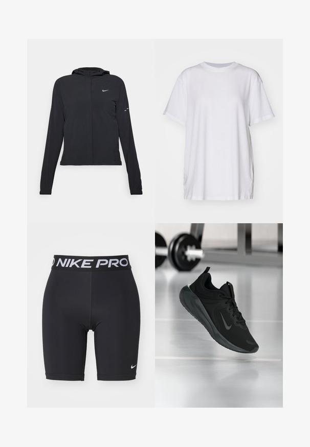 Črna kapuča s dolgimi rokavi, izdelana iz lahkega materiala. Ima sprednji zadrgo, logotip Nike in subtilne oblikovne detajle.; Bela prevelika majica iz bombaža, s krojem okruglog izreza, kratkimi rukavi in stranskimi razporki za sproščen fit. Gladka tekstura.; Črne atletske kratke hlače z elastičnim pasom z blagovno znamko Nike Pro. Narejene so iz gladkega, raztegljivega materiala s prilagojenim krojem in ravnimi šivi.; Črne športne teniske z logotipom Nike, prikazane v zraku na telovadni talni površini, v ozadju pa zamegljena vrsta uteži.