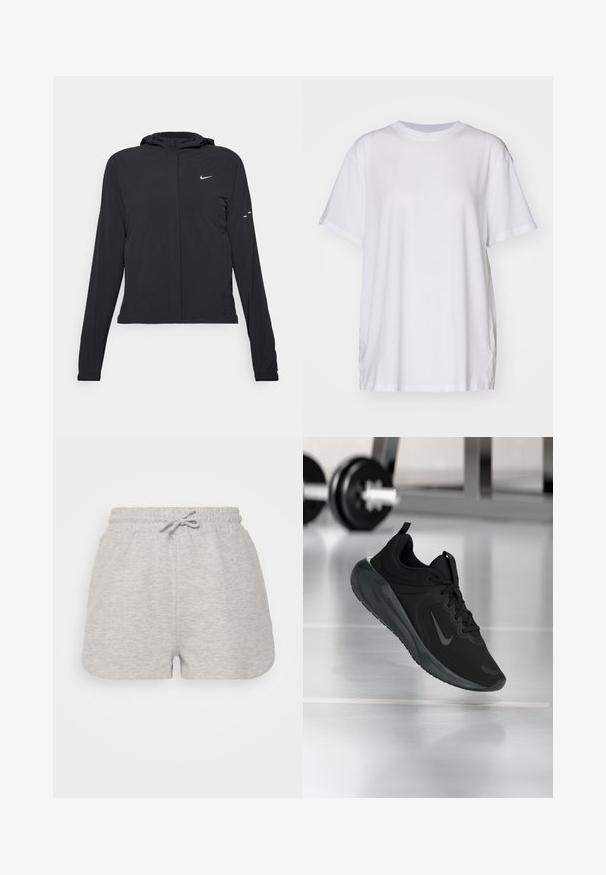 Crna jakna s kapuljačom i dugim rukavima, izrađena od laganog materijala. Ima prednji patentni zatvarač, Nike logo i suptilne dizajnerske detalje.; Bjela oversized majica od pamuka, s krojem oko vrata, kratkim rukavima i bočnim prorezima za opušteni izgled. Glatka tekstura.; Even&Odd Kratke hlače - mottled light grey; Crna sportska tenisica s Nike logotipom, prikazana u zraku na podu teretane, s mutnom stalcem za bučice u pozadini.