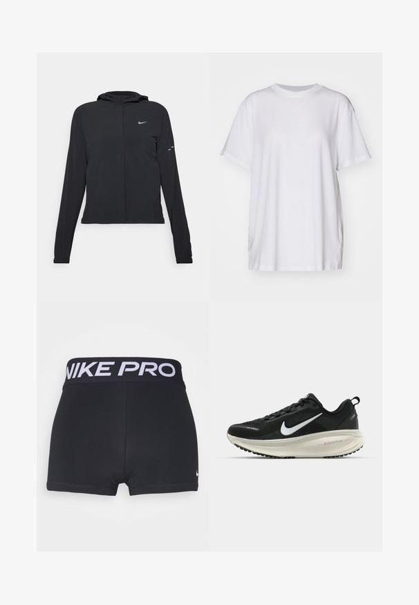 Fekete kapucnis dzseki hosszú ujjakkal, könnyű anyagból készült. Elülső cipzárral, Nike logóval és diszkrét dizájn elemekkel rendelkezik.; Fehér, nagyméretű pamut póló, kerek nyakkivágással, rövid ujjakkal és oldalsó hasítékokkal a laza illeszkedés érdekében. Simma textúra.; Fekete sportnadrág széles fekete derékkal, amelyen fehér színnel olvasható a "NIKE PRO" felirat. Simító, rugalmas anyag és hemzsérelés láthatók.; Fekete Nike futócipő légáteresztő hálós felsőrésszel, fehér Swoosh logóval, textúrázott részletekkel és krém színű ZoomX középtalppal.