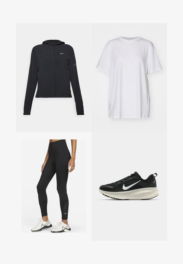 Černá kapucňová bunda s dlouhými rukávy, vyrobená z lehkého materiálu. Obsahuje přední zip, logo Nike a decentní designové akcenty.; Bílé oversized tričko vyrobené z bavlny, s kulatým výstřihem, krátkými rukávy a bočními rozparky pro uvolněný střih. Hladká textura.; Nike Performance ONE - Punčochy - black white; Černá běžecká obuv Nike s prodyšným síťovaným svrškem, bílým logem swoosh, texturovanými detaily a krémovou mezipodešví ZoomX.