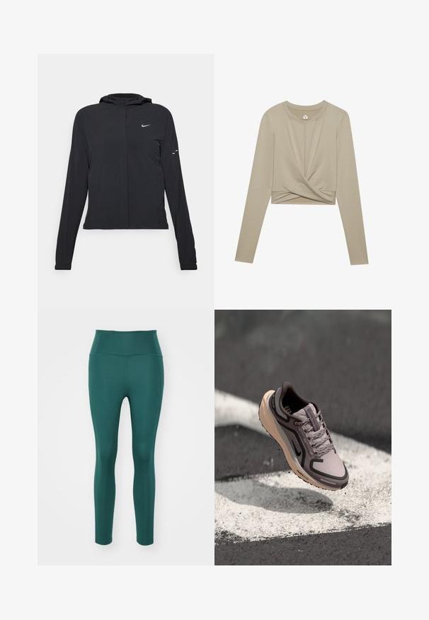 Czarna kurtka z kapturem, z długimi rękawami, wykonana z lekkiego materiału. Posiada zamek błyskawiczny z przodu, logo Nike oraz subtelne akcenty wzornicze.; Jasno beżowy, długi rękaw crop top z twisted przodem, wykonany z gładkiego materiału. Posiada okrągły dekolt i dopasowane rękawy.; Legginsy z wysokim stanem w głębokim odcieniu morskiego, wykonane z gładkiego, elastycznego materiału. Charakteryzują się dopasowanym krojem bez widocznych szwów czy wzorów.; Jasnofioletowe buty sportowe z szarymi akcentami, wielowarstwowa syntetyczna cholewka, sznurowadła oraz beżowa podeszwa z widocznym wzorem bieżnika.