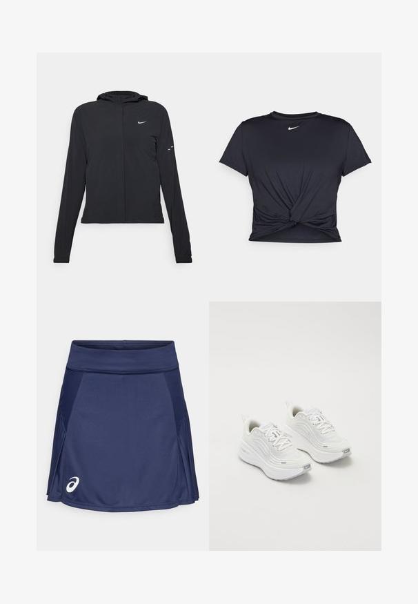 Melnā kapuci jaka ar garām piedurknēm, izgatavota no viegla materiāla. Tam ir priekšējais rāvējslēdzis, Nike logo un smalki dizaina akcenti.; Melna sporta t-kreklu ar gludu audumu, ar mezglošanas priekšpusi un mazu baltu Nike logotipu uz krūšu daļas.; Jūras tumši zilā tenisa svārki, izgatavoti no poliestera maisījuma, ar gludu jostu, volānu dizainu un baltu logo apakšējā kreisajā malā.; Baltas sporta apavi ar teksturētu sieta augšdaļu, mīkstinātu zoli un smalkiem pelēkiem akcentiem. Iekļauj zīmolu un cilpu papēža cilpu vieglai uzvilkšanai.