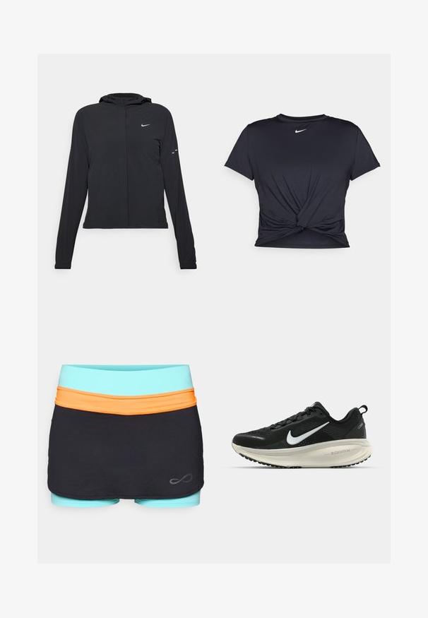 Chaqueta negra con capucha y mangas largas, hecha de un material ligero. Presenta un cierre frontal, un logo de Nike y acentos de diseño sutiles.; Camiseta atlética negra hecha de tela suave, con un diseño de nudo en la parte delantera y un pequeño logo blanco de Nike en el pecho.; Endless SKIRT RACE - Falda de deporte - black; Zapatilla de running Nike negra con parte superior de malla transpirable, logo Swoosh blanco, detalles texturizados y una entresuela ZoomX de color crema.