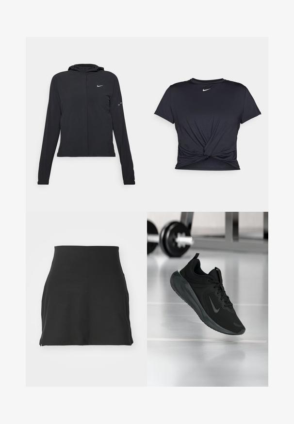 Fekete kapucnis dzseki hosszú ujjakkal, könnyű anyagból készült. Elülső cipzárral, Nike logóval és diszkrét dizájn elemekkel rendelkezik.; Fekete sportpóló sima anyagból, elöl megkötős dizájnnal, a mellkason egy kis fehér Nike logóval.; Fekete mini szoknya rugalmas anyagból. Simára kidolgozott, testhez simuló fazon, magas derék és oldalsó hasítékok a könnyű mozgás érdekében.; Fekete sportcipő Nike logóval, amely a levegőben látható az edzőterem padlóján, a háttérben elmosódott kézi súlyzó állvánnyal.