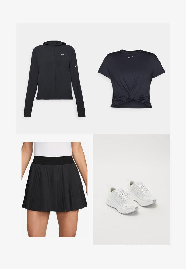 Melnā kapuci jaka ar garām piedurknēm, izgatavota no viegla materiāla. Tam ir priekšējais rāvējslēdzis, Nike logo un smalki dizaina akcenti.; Melna sporta t-kreklu ar gludu audumu, ar mezglošanas priekšpusi un mazu baltu Nike logotipu uz krūšu daļas.; Melna plāna svārku ar plašu elastīgu jostu. Izgatavota no gludas auduma, tam ir vertikālas krokas un neliels logo uz apakšmalas.; Baltas sporta apavi ar teksturētu sieta augšdaļu, mīkstinātu zoli un smalkiem pelēkiem akcentiem. Iekļauj zīmolu un cilpu papēža cilpu vieglai uzvilkšanai.