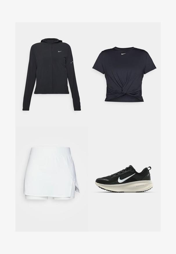 Casaco preto com capuz e mangas longas, feito de material leve. Apresenta um fecho dourado na frente, um logótipo da Nike e detalhes de design subtis.; T-shirt atlético preto feito de tecido liso, apresentando um design frontal com nó e um pequeno logótipo branco da Nike no peito.; Saia calção branca em tecido suave e elástico. Apresenta um cós alto e uma fenda lateral. Inclui calções embutidos para cobertura e conforto.; Sapatilha de corrida Nike preta com parte superior de malha respirável, logotipo Swoosh branco, detalhes texturizados e uma entressola ZoomX na cor creme.