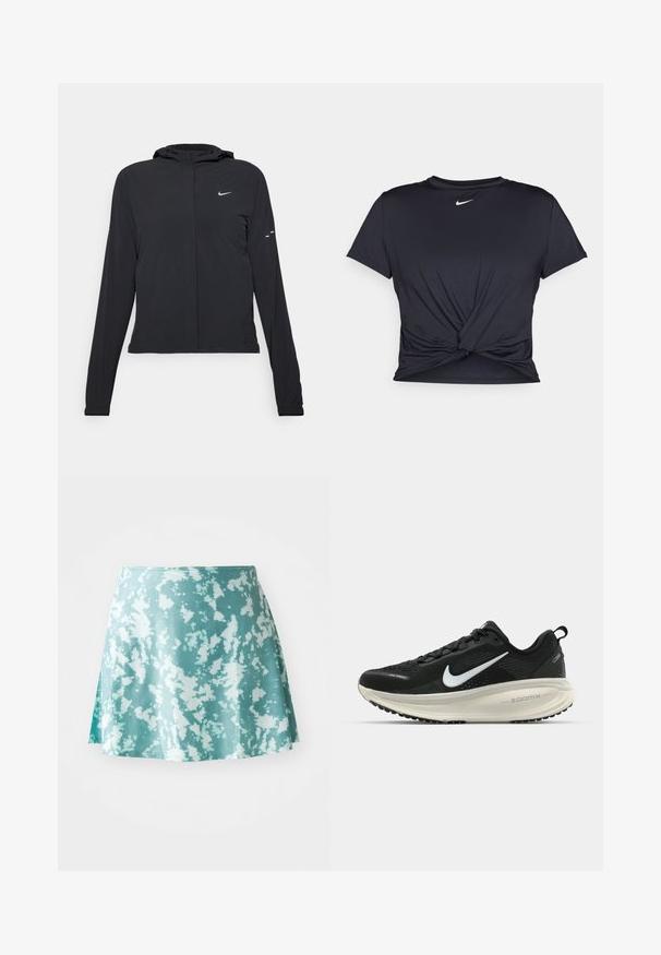 Chaqueta negra con capucha y mangas largas, hecha de un material ligero. Presenta un cierre frontal, un logo de Nike y acentos de diseño sutiles.; Camiseta atlética negra hecha de tela suave, con un diseño de nudo en la parte delantera y un pequeño logo blanco de Nike en el pecho.; Una falda skater verde menta con un patrón salpicado en blanco, hecha de una tela ligera. Presenta una forma ligeramente acampanada y una abertura en el costado.; Zapatilla de running Nike negra con parte superior de malla transpirable, logo Swoosh blanco, detalles texturizados y una entresuela ZoomX de color crema.