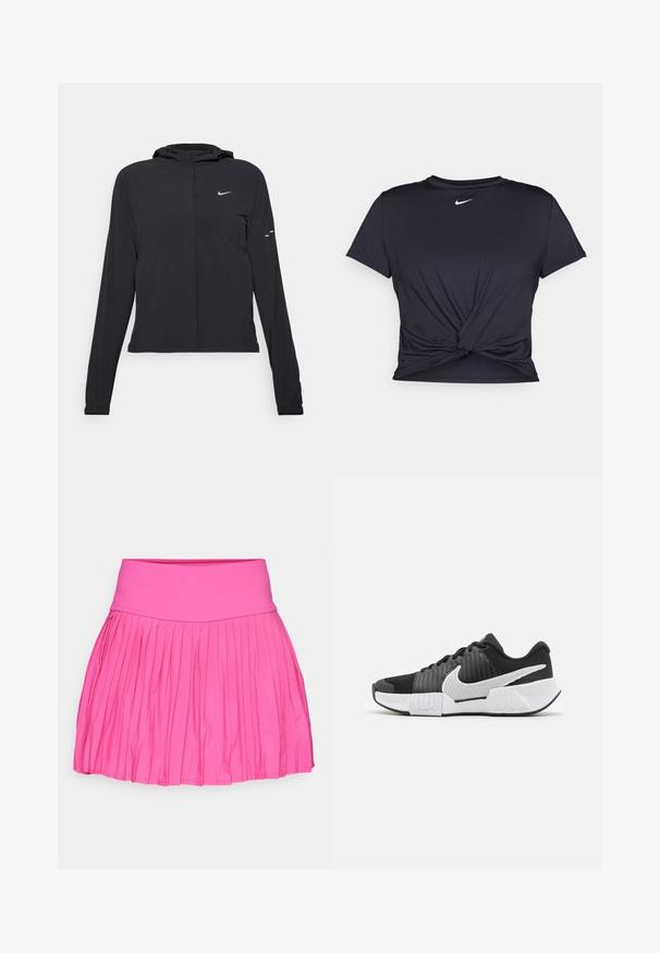 Fekete kapucnis dzseki hosszú ujjakkal, könnyű anyagból készült. Elülső cipzárral, Nike logóval és diszkrét dizájn elemekkel rendelkezik.; Fekete sportpóló sima anyagból, elöl megkötős dizájnnal, a mellkason egy kis fehér Nike logóval.; Rózsaszín, redőzött szoknya széles derékrésszel, rugalmas anyagból készült. A függőleges redők a szoknya aljáig terjednek.; Fekete-fehér sportcipők texturált felsőrésszel, kiemelkedő Nike pipa logóval és kontrasztos talpdesigntal a jobb tapadás és stabilitás érdekében.