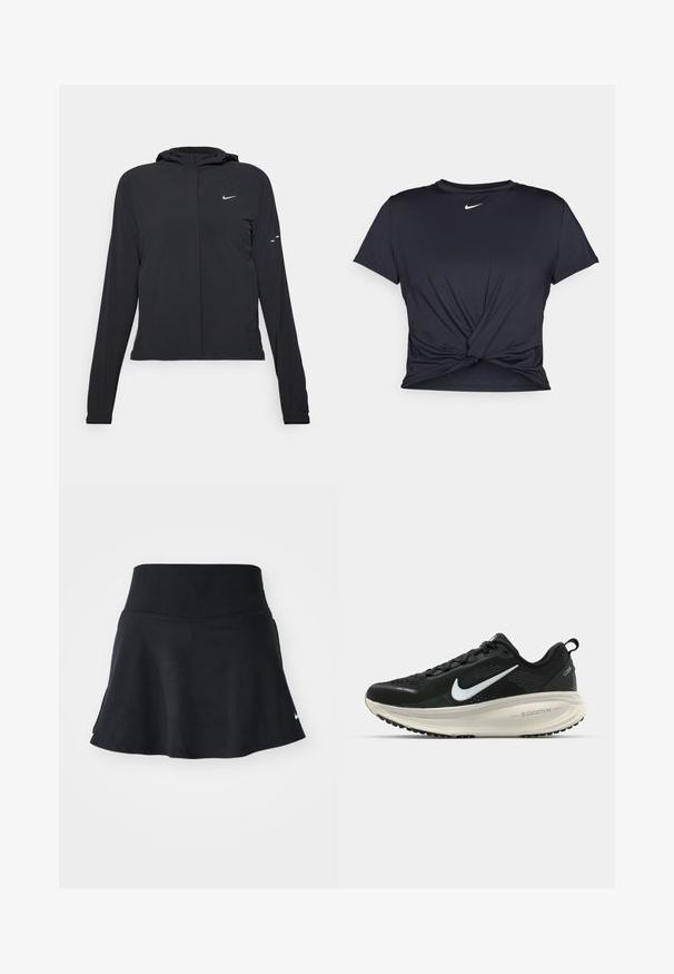 Svart huva jacka med långa ärmar, gjord av lätt material. Har en framdragare, en Nike-logotyp och subtila designelement.; Svart atletisk t-shirt i mjukt tyg, med en knuten framdesign och en liten vit Nike-logga på bröstet.; Svart atletisk skort med en slät midja, utsvängd nederkant och subtil Nike-logga nere till höger. Tillverkad av stretchigt, lätt material.; Svart Nike löparsko med andningsbart mesh-ovandel, vit swoosh-logotyp, texturerad detaljering och en krämfärgad ZoomX-mellansula.