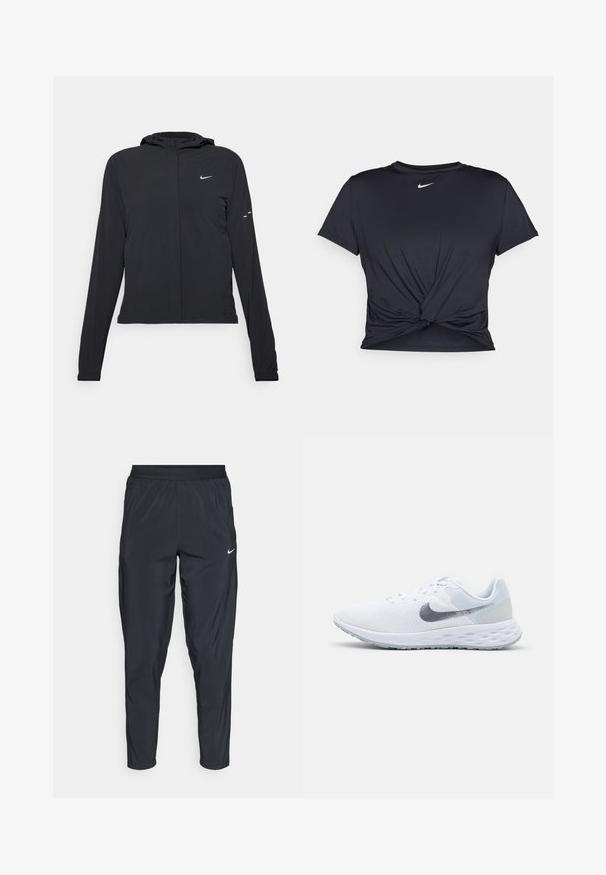 Giacca nera con cappuccio e maniche lunghe, realizzata in materiale leggero. Presenta una zip frontale, il logo Nike e accenti di design sottili.; Maglietta atletica nera realizzata in tessuto liscio, con un design anteriore annodato e un piccolo logo Nike bianco sul petto.; Pantaloni sportivi neri con elastico in vita, gambe strette e un piccolo logo bianco sulla coscia sinistra. Tessuto leggero e liscio.; Scarpe da ginnastica bianche con tomaia in rete, logo Nike swoosh argento, suola imbottita, punta arrotondata e dettagli texture sui lati.