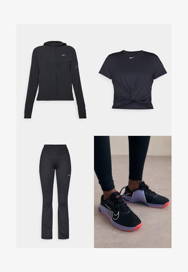 Chaqueta negra con capucha y mangas largas, hecha de un material ligero. Presenta un cierre frontal, un logo de Nike y acentos de diseño sutiles.; Camiseta atlética negra hecha de tela suave, con un diseño de nudo en la parte delantera y un pequeño logo blanco de Nike en el pecho.; Leggings deportivos negros con una cinturilla alta, hechos de tela suave y elástica. Presentan un pequeño logo blanco de Nike en el muslo izquierdo.; Nike Performance METCON 9 - Zapatillas de entrenamiento - black/metallic silver/lilac bloom/barely grape/daybreak/bright crimson