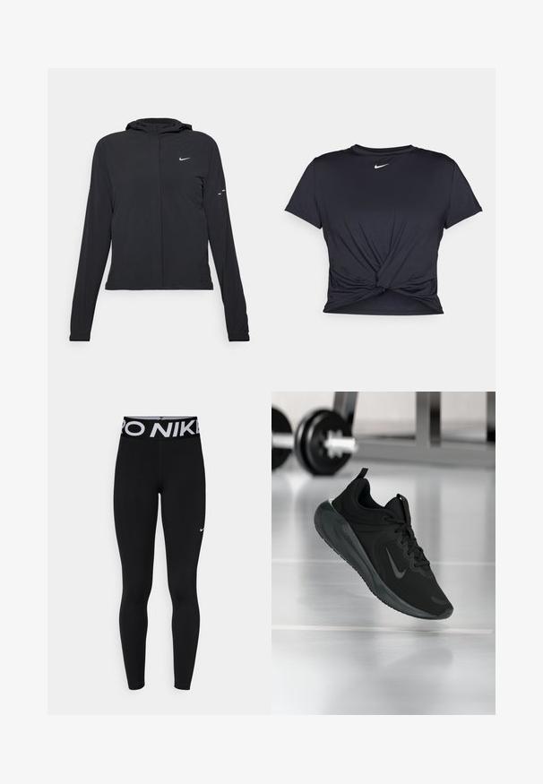 Black hooded jacket with long sleeves, made from lightweight material. Features a front zipper, a Nike logo, and subtle design accents.; Black athletic t-shirt made of smooth fabric, featuring a knotted front design and a small white Nike logo on the chest.; Black leggings with a wide elastic waistband featuring "PRO NIKE" in white text, made from a smooth, stretchy material, with a small logo detail.; Black sports sneaker with Nike logo, shown mid-air on gym floor, with blurred dumbbell rack in background.