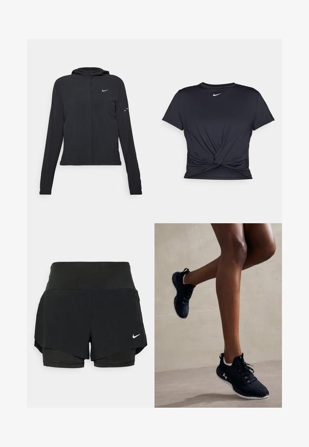 Black hooded jacket with long sleeves, made from lightweight material. Features a front zipper, a Nike logo, and subtle design accents.; Black athletic t-shirt made of smooth fabric, featuring a knotted front design and a small white Nike logo on the chest.; Black athletic shorts featuring a layered design with an inner short and outer overlay, made of lightweight, stretchable fabric.; Black athletic shoes with a textured upper, white accents, and a speckled sole, featuring laces and a cushioned design for support.