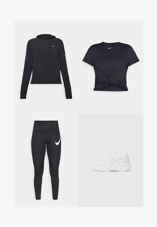 Czarna kurtka z kapturem, z długimi rękawami, wykonana z lekkiego materiału. Posiada zamek błyskawiczny z przodu, logo Nike oraz subtelne akcenty wzornicze.; Czarna sportowa koszulka z gładkiego materiału, z wiązanym przodem i małym białym logo Nike na piersi.; Czarne sportowe legginsy o wysokim stanie z białym logo Nike w kształcie suwka na górnej lewej udzie, na białym tle.; Białe buty sportowe z przewiewną siateczką i wyściełaną podeszwą, z fakturowanym wzorem i minimalistycznymi akcentami.