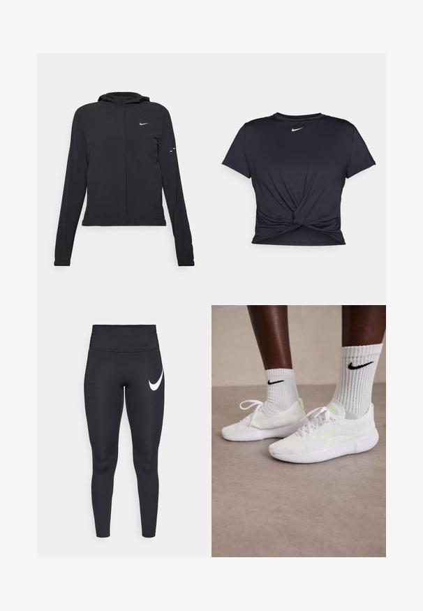 Zwarte kaptrui met lange mouwen, gemaakt van lichtgewicht materiaal. Voorzien van een ritssluiting aan de voorkant, een Nike-logo en subtiele ontwerpelementen.; Zwarte sportieve T-shirt van gladde stof, met een geknoopt ontwerp aan de voorkant en een klein wit Nike-logo op de borst.; Zwarte high-waisted sportleggings met een wit Nike swoosh-logo op de bovenste linker bovenbeen tegen een witte achtergrond.; Witte Nike sneakers met een textuur mesh bovenkant en neon groene accenten, gecombineerd met geribbelde witte sokken met een zwart logo.