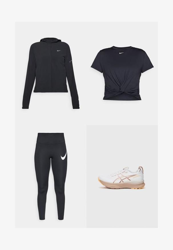 Juodas gobtuvas striukė su ilgomis rankovėmis, pagaminta iš lengvo audinio. Pasižymi priekiniais užtrauktukais, Nike logotipu ir subtiliais dizaino akcentais.; Juodas sportinis marškinėlis, pagamintas iš lygios medžiagos, su surišta priekiu ir mažu baltu Nike logotipu ant krūtinės.; Juodos sportinės kelnės aukštu liemeniu su baltu Nike swoosh logotipu viršutinėje kairėje šlaunyje prieš baltą foną.; Baltos sportinės bateliai su kreminėmis detalėmis, tekstūruotu viršumi, raištelių sistema ir oranžine padu. Pusėse esantys dizaino linijos suteikia papildomą išsiskyrimą.