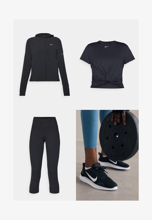 Juodas gobtuvas striukė su ilgomis rankovėmis, pagaminta iš lengvo audinio. Pasižymi priekiniais užtrauktukais, Nike logotipu ir subtiliais dizaino akcentais.; Juodas sportinis marškinėlis, pagamintas iš lygios medžiagos, su surišta priekiu ir mažu baltu Nike logotipu ant krūtinės.; Juodos apkarpytos legginsai, pagaminti iš tamprios medžiagos, su aukšta juosmens linija ir glotnia tekstūra, be matomų raštų ar detalių.; Juodi sportiniai batai su tinklinėmis viršutinėmis dalimis, baltais akcentais ir storu baltu padu. Pirmame plane laikomas juodas svorio diskas.