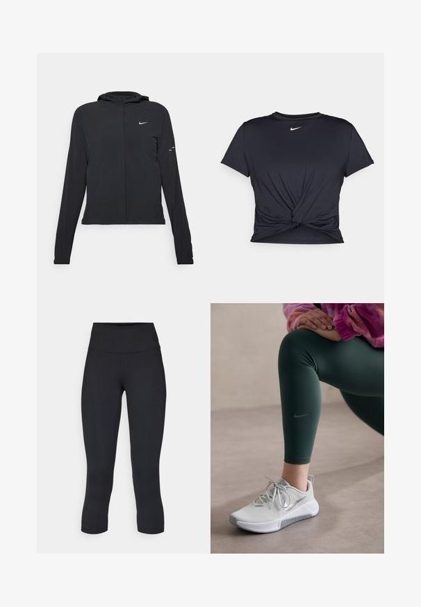 Juodas gobtuvas striukė su ilgomis rankovėmis, pagaminta iš lengvo audinio. Pasižymi priekiniais užtrauktukais, Nike logotipu ir subtiliais dizaino akcentais.; Juodas sportinis marškinėlis, pagamintas iš lygios medžiagos, su surišta priekiu ir mažu baltu Nike logotipu ant krūtinės.; Juodos apkarpytos legginsai, pagaminti iš tamprios medžiagos, su aukšta juosmens linija ir glotnia tekstūra, be matomų raštų ar detalių.; Šviesiai pilki Nike bėgimo bateliai su tekstūruotu viršumi, pilkais akcentais ir balta padu, derinami su tamsiai žaliais leggingais, kurie turi logotipą.