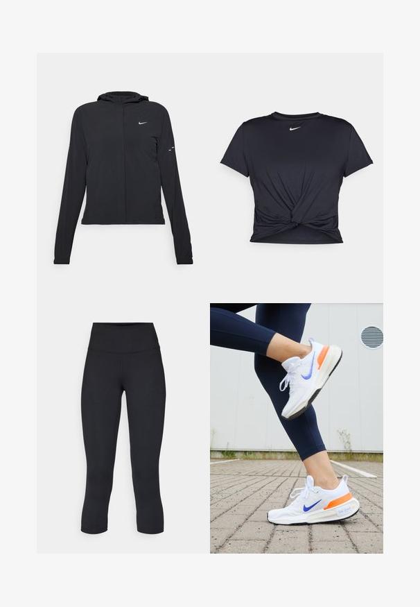 Veste à capuche noire avec des manches longues, fabriquée en matériau léger. Elle comporte une fermeture éclair à l'avant, un logo Nike et des accents de design subtils.; T-shirt de sport noir en tissu lisse, avec un design avant noué et un petit logo Nike blanc sur la poitrine.; Leggings noirs coupés en tissu extensible, avec une taille haute et une texture lisse, sans motifs ni éléments visibles.; Chaussure de course Nike, principalement blanche avec un swoosh violet et un accent orange. Présente un dessus en tissu texturé et une semelle rembourrée.
