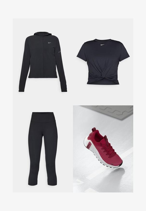 Fekete kapucnis dzseki hosszú ujjakkal, könnyű anyagból készült. Elülső cipzárral, Nike logóval és diszkrét dizájn elemekkel rendelkezik.; Fekete sportpóló sima anyagból, elöl megkötős dizájnnal, a mellkason egy kis fehér Nike logóval.; Fekete, rövidített leggings elasztikus anyagból, magas derékkal és sima textúrával, látható minták vagy fémalkatrészek nélkül.; Piros sportcipő, texturált felsőrésszel, fűzőkkel és vastag fehér talppal. Különböző fekete orr-résszel és logóval a szélén.