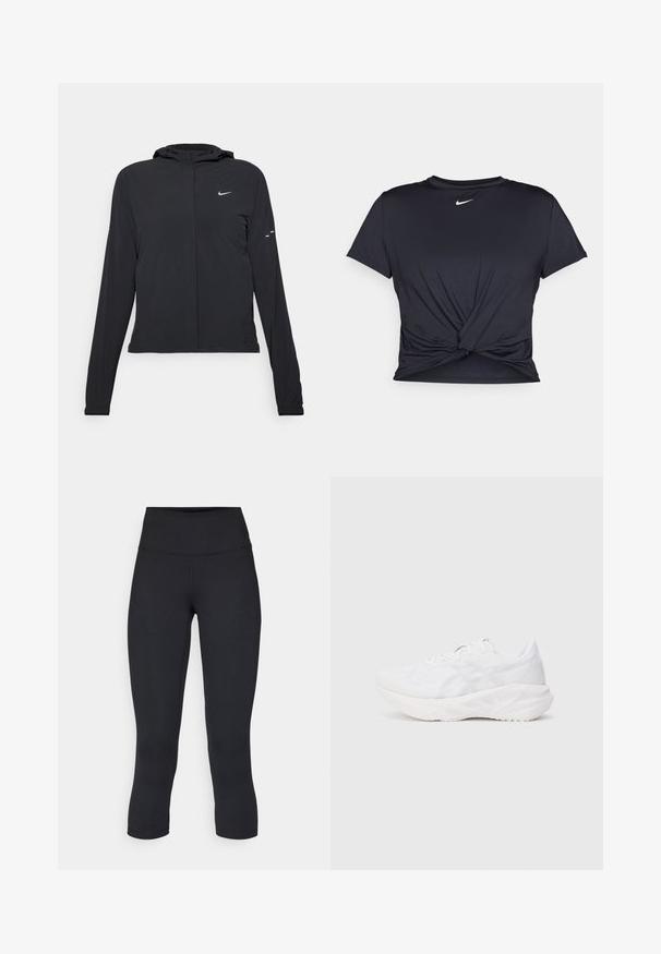 Chaqueta negra con capucha y mangas largas, hecha de un material ligero. Presenta un cierre frontal, un logo de Nike y acentos de diseño sutiles.; Camiseta atlética negra hecha de tela suave, con un diseño de nudo en la parte delantera y un pequeño logo blanco de Nike en el pecho.; Leggings negros cortos hechos de tela elástica, con una cintura alta y una textura suave, sin patrones o herrajes visibles.; Zapatilla deportiva blanca con parte superior de malla transpirable y suela acolchada, que presenta un patrón texturizado y acentos de diseño minimalista.