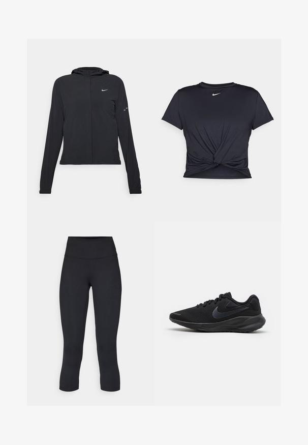 Black hooded jacket with long sleeves, made from lightweight material. Features a front zipper, a Nike logo, and subtle design accents.; Black athletic t-shirt made of smooth fabric, featuring a knotted front design and a small white Nike logo on the chest.; Black cropped leggings made of stretchy fabric, featuring a high waistband and smooth texture, with no visible patterns or hardware.; Black running shoe with a breathable mesh upper, textured accents, flat laces, and a solid rubber sole featuring a slight heel lift.
