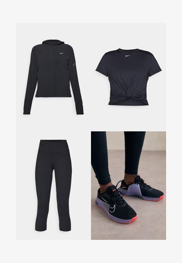 Fekete kapucnis dzseki hosszú ujjakkal, könnyű anyagból készült. Elülső cipzárral, Nike logóval és diszkrét dizájn elemekkel rendelkezik.; Fekete sportpóló sima anyagból, elöl megkötős dizájnnal, a mellkason egy kis fehér Nike logóval.; Fekete, rövidített leggings elasztikus anyagból, magas derékkal és sima textúrával, látható minták vagy fémalkatrészek nélkül.; Nike Performance METCON 9 - Edzőcipő - black/metallic silver/lilac bloom/barely grape/daybreak/bright crimson