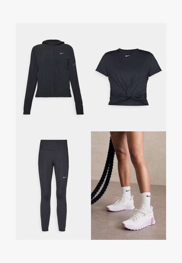 Mustassa hupparissa on pitkät hihat, ja se on valmistettu kevyestä materiaalista. Siinä on edessä vetoketju, Nike-logo ja hillityt muotoiluyksityiskohdat.; Musta urheilu T-paita, joka on valmistettu sileästä kankaasta, jossa on solmittu etuosa ja pieni valkoinen Nike-logo rinnassa.; Mustat leggingsit joustavasta kankaasta, joissa on korkea vyötärö ja valkoinen Nike-logo vasemmassa reidessä. Sileä pinta, muotoaan myötäilevä suunnittelu.; Valkoiset urheilukengät, joissa on vaaleanpunaisia yksityiskohtia, teksturoitu pinta ja pehmustettu kaulus, yhdistetty valkoisiin ribbikuvioisiin sukkiin, joissa on musta logo.