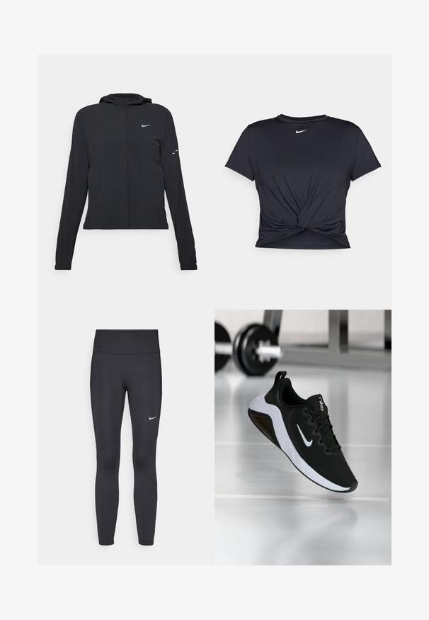 Čierna kapucňová bunda s dlhou rukávou, vyrobená z ľahkého materiálu. Má predný zips, logo Nike a jemné dizajnové akcenty.; Čierne atletické tričko vyrobené z hladkej tkaniny, so zaväzovaným predným dizajnom a malým bielym logom Nike na hrudi.; Čierne legíny z elastického materiálu, s vysokým pásom a bielym logom Nike na ľavom stehne. Hladká textúra, priliehavý dizajn.; Čierna športová obuv s sieťovaným zvrškom, bielou podrážkou a logom Nike. Obsahuje zaoblenú špičku a textúrované akcenty. Zavesená nad podlahou fitnes centra.
